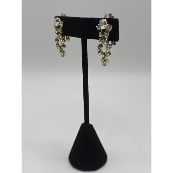 VTG Mid Century AB Aurora Borealis Rhinestone Clip On Dangle Earrings Gold Tone - Picture 4 of 4